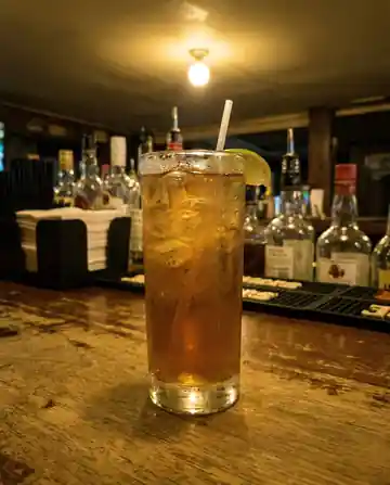 Concept: a cold drink shot flat on a bar top, before art direction