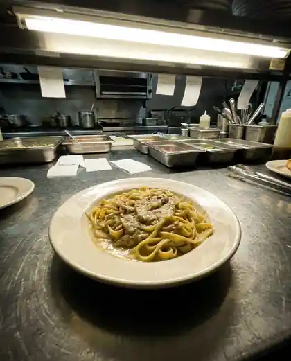 Concept: a plated dish shot flat under overhead kitchen light, before art direction