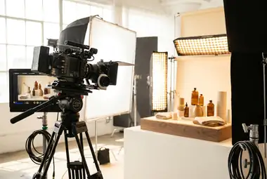 Cinema camera and lit product set during a commercial production