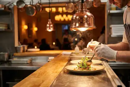 A chef finishing a plate on the pass under warm service light